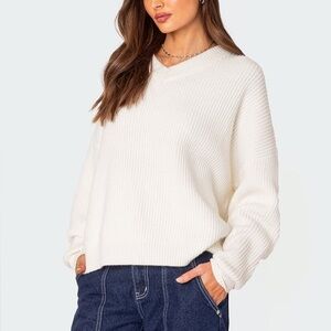 Classic Cream White Oversized Heavy Knit V-Neck Sweater